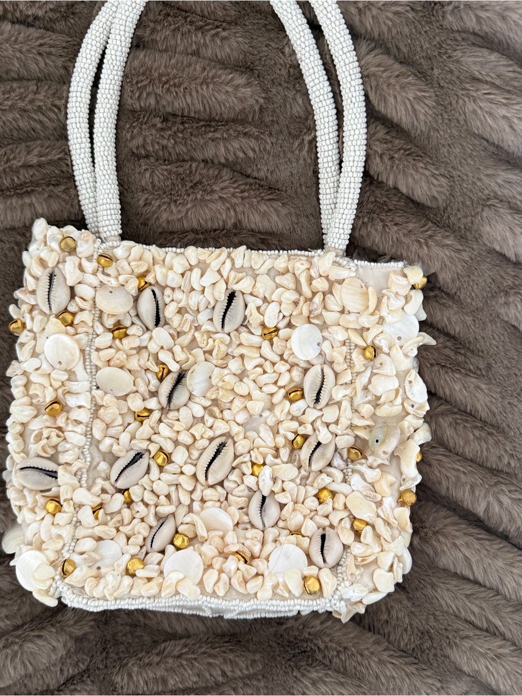 Ivory Shell-Embellished Tote Bag With Beaded Straps